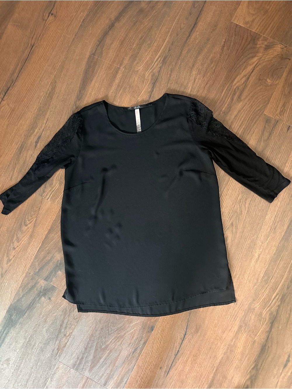 Kensie Black Lace-Trim Three-Quarter Sheer Sleeve Blouse Size S Chic